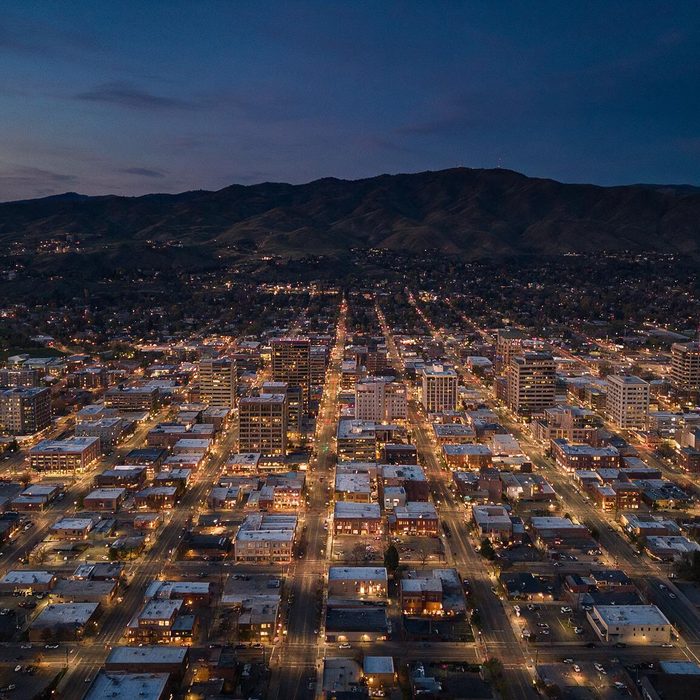 Downtown Boise from the air at dusk